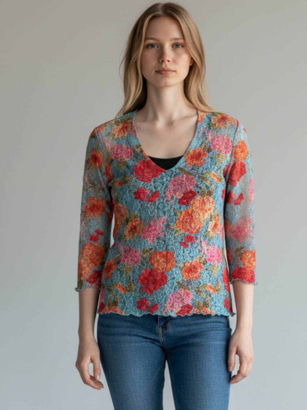 Y2K Po Lace Floral Print Blouse with Lettuce Hem L